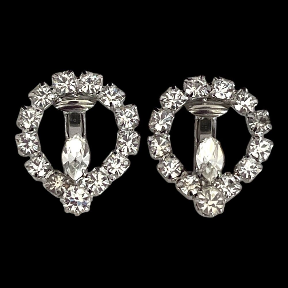 Vintage 1960s Clip On Earrings Silver Tone Clear Rhinestone Buckle Design - 13P